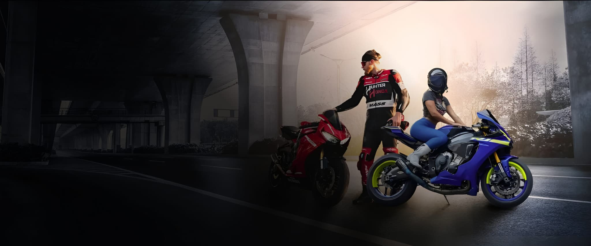 Riders with red and blue custom sport motorcycles
