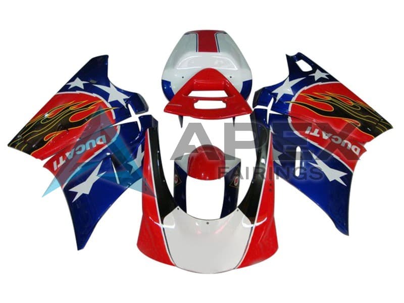 White Red Blue Glossy Black Flame - Ducati 916 (1994-1998) ABS Fairings | Apex Fairings