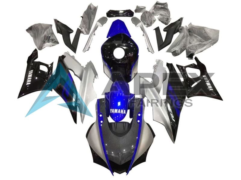 Silver Blue Black Carbon Fiber Style - Yamaha R3 / R25 / YZF-R3 / YZF-R25 (2022-2024) ABS Fairings — Style FE63 | Apex Fairings